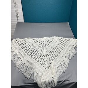 VTG Winkelman's White Acrylic Hand Knit Shawl‎ Boho Hippie Crochet